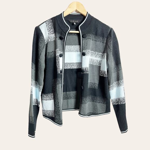 Ming Wang Black Blue Acrylic Knit Button Front Sweater Jacket Size Petite M - Picture 1 of 8